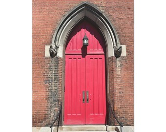 Red Gothic Church Doors, Louisville, Kentucky - Architectural Photograph on Canvas