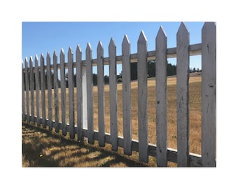 Old White Fence Through a Grass Field - Architectural Photograph on Canvas