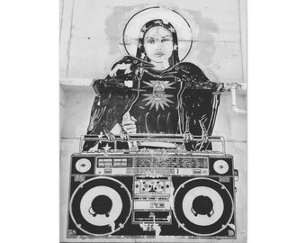 Black and White Urban Mural Street Art, Woman with Radio and Blackbirds - Photograph on Canvas