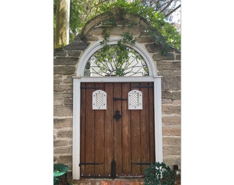 Beautiful Wood Doors in Stone Wall to the Garden - Architectural Photograph on Canvas