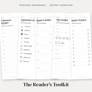 May include: Five white rectangular printable bookmarks with black text and icons. The designs include a Character Keeper, Annotator's Key with symbols, Quote Catcher, The Verdict with a star rating system, and a numbered Series Tracker for books.