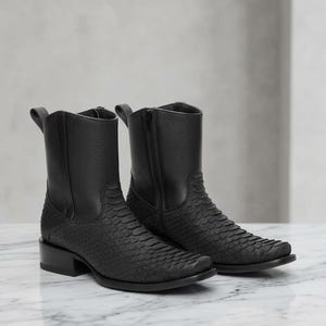 Zwarte cowboylaarzen voor heren van python slangenleer, handgemaakte leren enkellaarzen met ritssluiting, exotische westernlaarzen met vierkante neus.