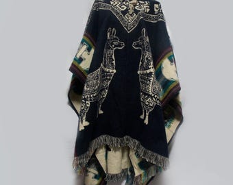 Alpaca wollen poncho met capuchon, unisex, lama- en Andesfranjes, one size, handgemaakt in Peru.