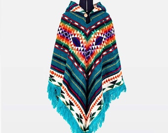 Andean Geometric Poncho Unisex Alpaca Blend One Size Handmade in Peru