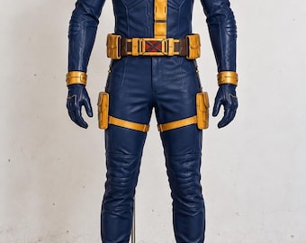 Kostium Cosplay Cyklopa dla dorosłych X Men Niebieski kombinezon z żółtą uprzężą Taktyczny strój superbohatera na imprezę Comic Con