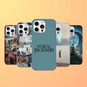 May include: Five smartphone cases featuring Percy Jackson imagery. One case is solid blue with black text reading PERCY JACKSON and a trident symbol. The others display collages of book covers, ocean scenes, and characters.