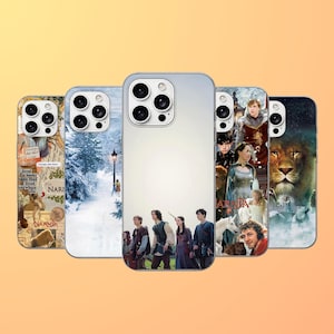 May include: A collection of five smartphone cases featuring various scenes and characters from The Chronicles of Narnia. The designs include a snowy forest, a collage of book pages, a group of four people, and a large lion portrait.