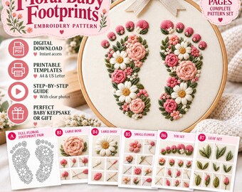 Borduurpatroon met bloemenvoetjes voor baby's (PDF), babyherinneringsborduurring, botanisch handborduurwerk, kraamcadeaupatroon