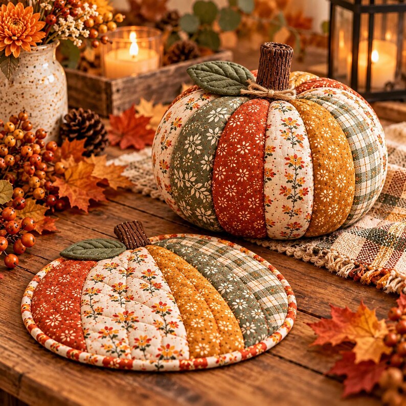 Puede incluir: Una calabaza de tela y un tapete plano a juego con forma de calabaza, ambos con paneles acolchados en patrones florales y de cuadros en naranja, verde y crema. Cada pieza tiene un tallo marr&oacute;n texturizado y una hoja de tela verde.