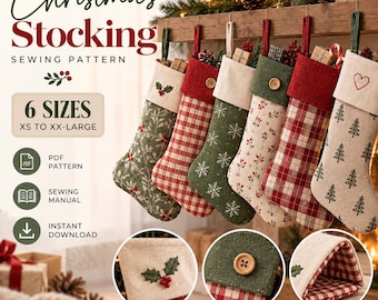 Puede incluir: Un patrón de costura digital para calcetines navideños en 6 tallas, de XS a XX-Large. La imagen muestra seis calcetines colgantes con varios estampados, incluyendo cuadros rojos, copos de nieve verdes y árboles, con tres recuadros.