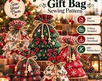Christmas Tree Gift Bag Sewing Pattern PDF, Drawstring Holiday Bag, 5 Sizes, Reusable Fabric Christmas Gift Bag