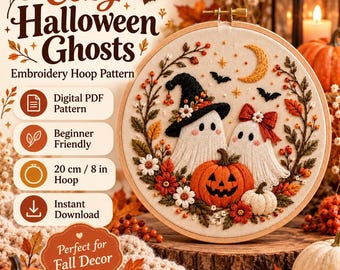 Padrão de bordado em PDF de fantasma aconchegante para o Halloween, arte em bastidor de bruxa fantasma, bordado à mão de abóbora para o outono, decoração assustadora de outono.