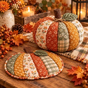 Puede incluir: Una calabaza de tela y un tapete plano a juego con forma de calabaza, ambos con un dise&ntilde;o de patchwork de telas de algod&oacute;n con flores y cuadros en naranja, verde y crema. La calabaza tridimensional tiene un tallo marr&oacute;n y una hoja de tela verde.