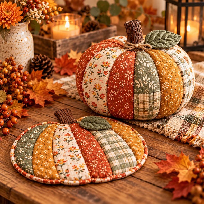 Puede incluir: Una calabaza de tela y un tapete plano a juego con forma de calabaza, ambos con un dise&ntilde;o de patchwork de telas de algod&oacute;n con flores y cuadros en naranja, verde y crema. La calabaza tridimensional tiene un tallo marr&oacute;n y una hoja de tela verde.