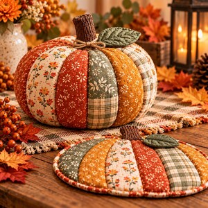 Puede incluir: Una calabaza de tela y un tapete de tela a juego con forma de calabaza, ambos con un dise&ntilde;o de patchwork de patrones florales y de cuadros en naranja, verde y crema. Cada pieza tiene un tallo marr&oacute;n texturizado y una hoja de tela verde.