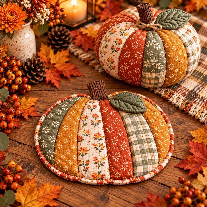 Puede incluir: Un salvamanteles acolchado con forma de calabaza que presenta paneles verticales con estampados florales y de cuadros en naranja, verde y crema, con un tallo marr&oacute;n y una hoja verde. El art&iacute;culo es plano, circular y tiene costuras.