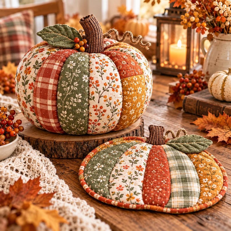 Puede incluir: Una calabaza de tela y un tapete plano a juego con forma de calabaza, ambos con un dise&ntilde;o de patchwork de patrones oto&ntilde;ales que incluyen cuadros rojos, flores verdes y estampados bot&aacute;nicos naranjas, con un tallo de punto marr&oacute;n y una hoja.