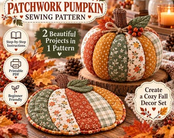 Patchwork pompoen naaipatroon (PDF), gevulde stoffen pompoen & gequilte herfstmat, herfstdecoratiepatroon