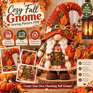 May include: A fabric gnome doll with white braided hair, wearing a tall orange textured hat decorated with fabric leaves and a wooden button, holding a small orange pumpkin. The gnome features a green apron and brown boots.