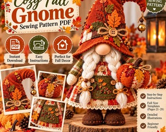 Naaipatroon voor een gezellige herfstkabouter (PDF), herfstkabouter van stof, decoratie voor de pompoenoogst, naaipatroon voor Thanksgiving