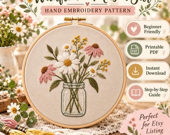Borduurpatroon met wilde bloemen in een Mason Jar (PDF), botanische bloemenborduurwerk in een borduurring, handborduurwerk in cottagecore-stijl, bloemenpatroon voor beginners