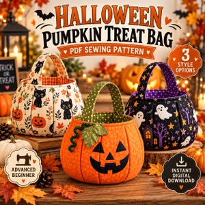 Op de afbeelding: Een PDF-naaipatroon voor een Halloween pompoen traktatietas met drie stijlopties. De afbeelding toont drie stoffen tassen: een met een zwarte kat en pompoenprint, een in de vorm van een pompoen, en een met een spook- en sterrenprint.