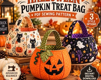 Naaipatroon voor een Halloween pompoen snoepzakje, gewatteerde stoffen mand (3 stijlen)
