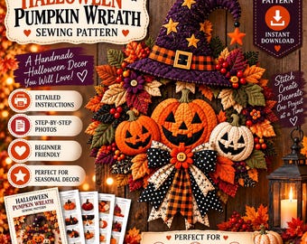 Naaipatroon voor een Halloween pompoenheksenkrans (PDF), gequilte pompoenkrans, herfstdeurdecoratie, printbare sjablonen