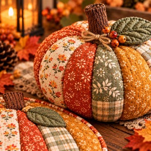 Puede incluir: Una decoraci&oacute;n de calabaza de tela con paneles acolchados en varios patrones de oto&ntilde;o, incluyendo estampados florales, cuadros y colores s&oacute;lidos. La calabaza tiene un tallo marr&oacute;n texturizado, un lazo de yute y una hoja de tela verde con bayas.