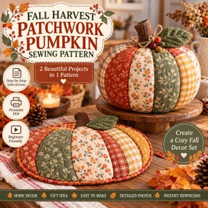 Puede incluir: Un patr&oacute;n de costura para una calabaza de patchwork oto&ntilde;al que incluye dos proyectos. La imagen muestra una calabaza de tela rellena y un tapete plano con forma de calabaza, ambos hechos de paneles de tela acolchada con estampados florales.