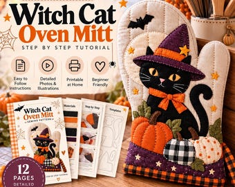 Heksenkat ovenwant naaipatroon (PDF), Halloween keukendecoratie, pannenlap met kattenapplicatie, pompoenheks naaipatroon