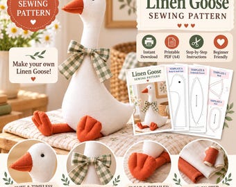 Naaipatroon voor een pluche gans van linnen (PDF), handgemaakte stoffen ganzenpop, landelijke kinderkamerdecoratie, naaipatroon voor een knuffel