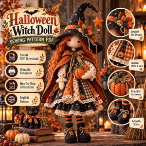Op de afbeelding: Een Halloween heksenpop naaipatroon PDF met een pop met lang rood haar, een zwarte hoed met herfstbladeren, een gelaagde jurk met pompoenprints en kanten randen, inclusief een klein pompoenaccessoire en zwarte schoenen.
