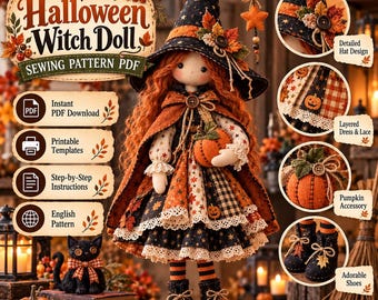 Naaipatroon voor een herfstheksenpop (PDF), Halloween stoffen pop, pompoenaccessoire, herfstdecoratie, printbare naaipatronen