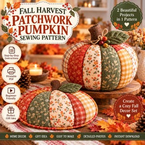 Puede incluir: Un patr&oacute;n de costura para una calabaza de patchwork oto&ntilde;al que presenta dos dise&ntilde;os de tela en tonos naranja, rojo, verde y amarillo. Las calabazas tienen tallos marrones y hojas verdes, con textos superpuestos que detallan las instrucciones y funciones.