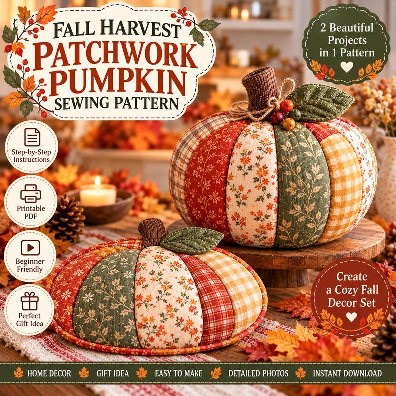 Puede incluir: Un patr&oacute;n de costura para una calabaza de patchwork oto&ntilde;al que presenta dos dise&ntilde;os de tela en tonos naranja, rojo, verde y amarillo. Las calabazas tienen tallos marrones y hojas verdes, con textos superpuestos que detallan las instrucciones y funciones.