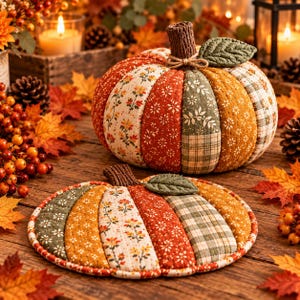 Puede incluir: Una calabaza de tela y un tapete plano a juego con forma de calabaza, ambos con paneles acolchados en varios patrones oto&ntilde;ales que incluyen estampados florales, naranja s&oacute;lido y cuadros verdes, cada uno con un tallo marr&oacute;n texturizado y una hoja verde.