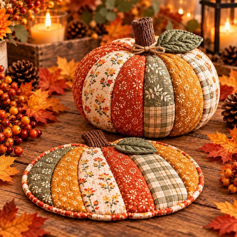 Puede incluir: Una calabaza de tela y un tapete plano a juego con forma de calabaza, ambos con paneles acolchados en varios patrones oto&ntilde;ales que incluyen estampados florales, naranja s&oacute;lido y cuadros verdes, cada uno con un tallo marr&oacute;n texturizado y una hoja verde.