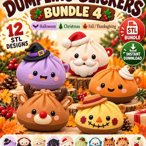 May include: A digital bundle of 12 STL designs titled Dumpling Clickers, featuring 3D printable dumpling characters themed for Halloween, Christmas, and Thanksgiving, including a purple witch, Santa, pumpkin, reindeer, and scarecrow.