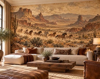 May include: A large wall mural depicting a herd of horses running through a dusty desert landscape with mesas, cacti, and a cloudy sky. The scene features earthy tones of brown, tan, and orange, covering the entire wall behind a beige sectional sofa.