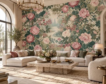 Vintage Rose Garden Wall Mural, Pastel Pink Floral Wallpaper, English Garden Botanical (Peel & Stick)