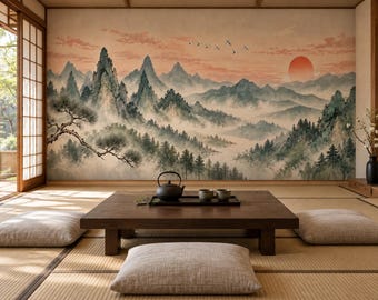 Japanese Mountain Mural Wallpaper, Misty Pine Forest, Red Sun Cranes (Physical Wallpaper)