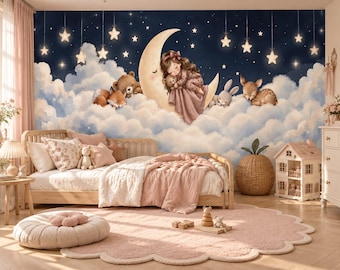 Woodland Nursery Wallpaper, Sleeping Girl on Moon, Stars, Foxes, Bunnies (Physical Wallpaper)