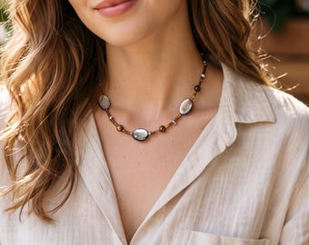 Beaded Necklace with Oval Iridescent Accents, Brown Earth Tone Jewelry