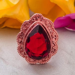 Red Garnet Ring, Christmas Women Ring, Pear Minimalist Engagement Ring, Dainty Stacking Wedding Ring, Solid Copper Handmade Birthday Gifts,