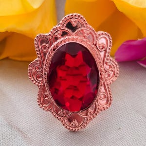 Natural Garnet Copper Ring, Filigree Solitaire, Boho Stacking Ring (Custom Sizing)