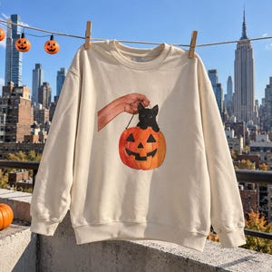Bluza z nadrukiem "Czarny Kot i Dynia" na Halloween, upiorny jesienny sweter, prezent dla miłośnika kotów