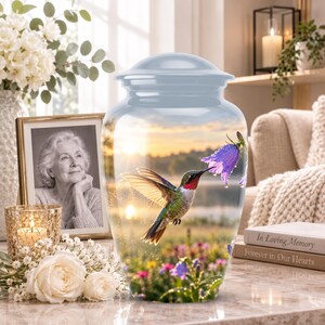 May include: A cylindrical cremation urn with a rounded lid, featuring a printed scene of a hummingbird hovering near a purple bell-shaped flower in a field of wildflowers at sunset, with a soft blue gradient finish on the upper portion.