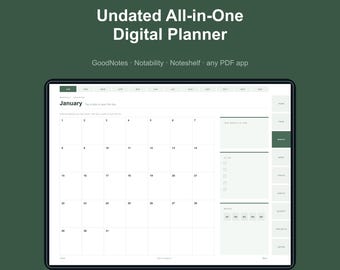 Sage Green Undated Digital Planner for GoodNotes, Hyperlinked iPad Planner, Daily Weekly Monthly, Notability, 528 Pages, Minimalist
