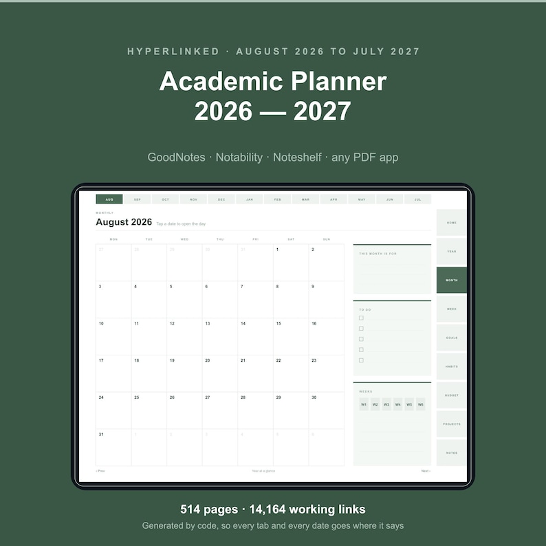 Academic Digital Planner 2026-2027 for GoodNotes, Hyperlinked Student Planner, iPad Notability Planner, Daily Weekly Monthly, 514 Pages image 1